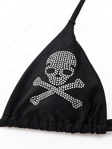 Gothic Glitter Rhinestone Skulls Halter Backless Bikini Set
