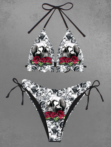 Gothic Skull Heart Rose Flower Print Halter Backless Bikini Set