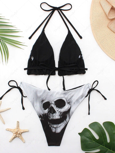Gothic Skull Heart Rose Flower Print Halter Backless Bikini Set