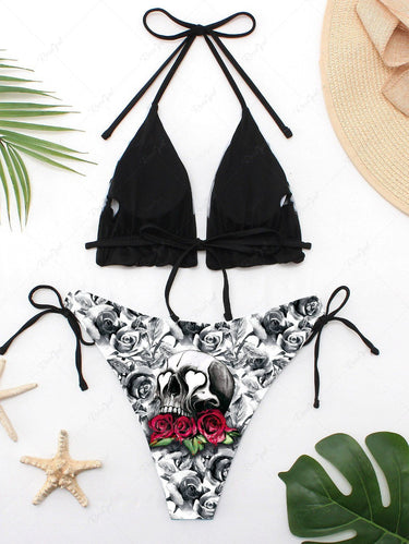 Gothic Skull Heart Rose Flower Print Halter Backless Bikini Set
