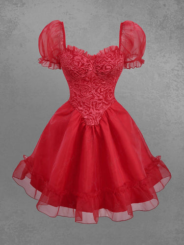 Gothic Puff Sleeves Rose Flower Jacquard Layered Organze A Line Dress