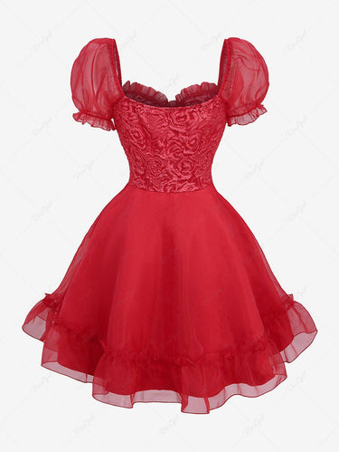 Gothic Puff Sleeves Rose Flower Jacquard Layered Organze A Line Dress