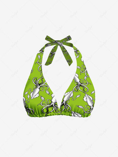 Gothic Squid Print Hawaii Plunging Halter Backless Bikini Set