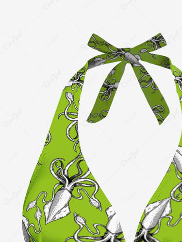 Gothic Squid Print Hawaii Plunging Halter Backless Bikini Set