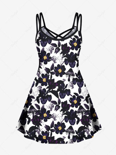 Gothic Plus Size Ink Painting Floral Mushroom Print Crisscross A Line Cami Dress