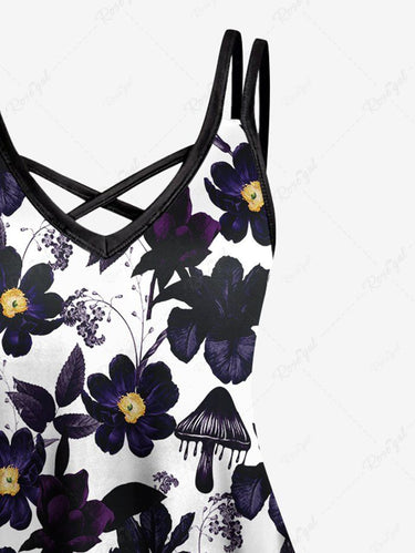 Gothic Plus Size Ink Painting Floral Mushroom Print Crisscross A Line Cami Dress