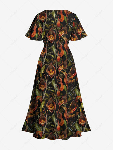 Gothic Plus Size Lily Flower Leaves Print Split Pocket A Line Midi Dress