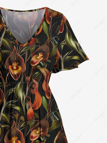 Gothic Plus Size Lily Flower Leaves Print Split Pocket A Line Midi Dress