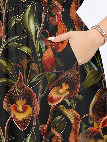 Gothic Plus Size Lily Flower Leaves Print Split Pocket A Line Midi Dress