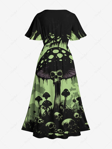 Gothic Plus Size Skulls Mushroom Print Split Pocket A Line Midi Dress