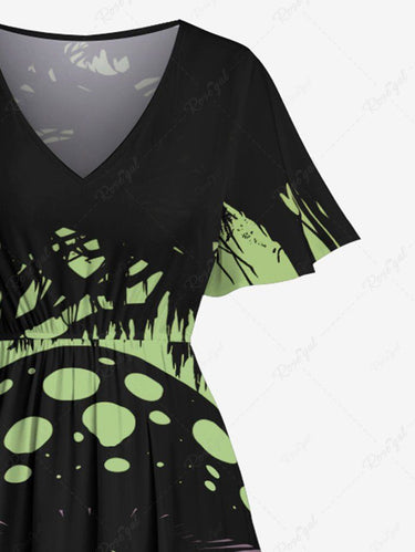 Gothic Plus Size Skulls Mushroom Print Split Pocket A Line Midi Dress