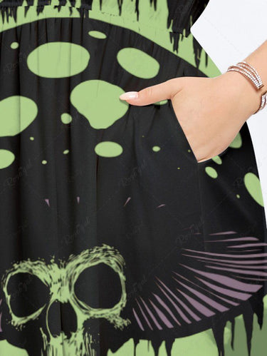 Gothic Plus Size Skulls Mushroom Print Split Pocket A Line Midi Dress