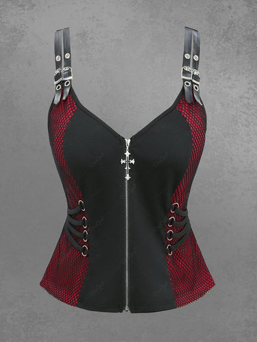 Gothic Plus Size Fishnet Panel Cross Zipper Strappy PU Strap Grommets Buckle Tank Top(3 Days Delivery)