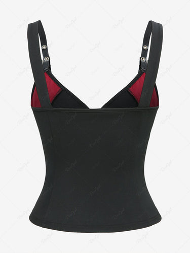 Gothic Plus Size Fishnet Panel Cross Zipper Strappy PU Strap Grommets Buckle Tank Top(3 Days Delivery)