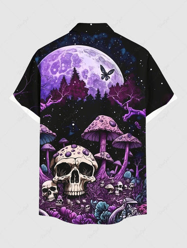 Gothic Plus Size Skull Mushroom Forest Tree Butterfly Moon Print Button Pocket Shirt For Men