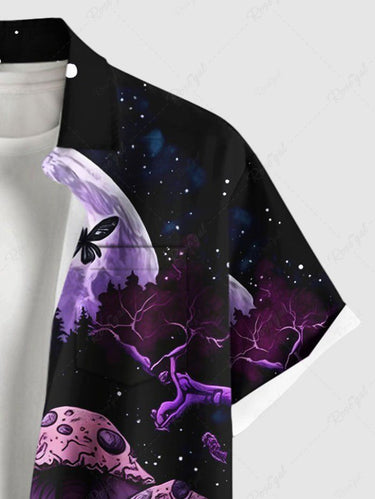 Gothic Plus Size Skull Mushroom Forest Tree Butterfly Moon Print Button Pocket Shirt For Men