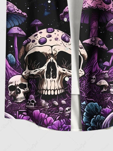 Gothic Plus Size Skull Mushroom Forest Tree Butterfly Moon Print Button Pocket Shirt For Men