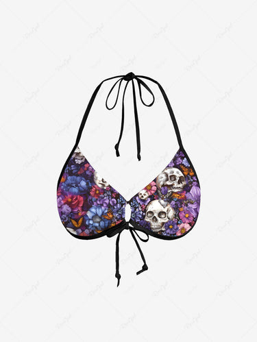 Gothic Skull Flower Print Cinched Halter Backless Bikini Set