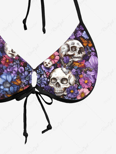 Gothic Skull Flower Print Cinched Halter Backless Bikini Set