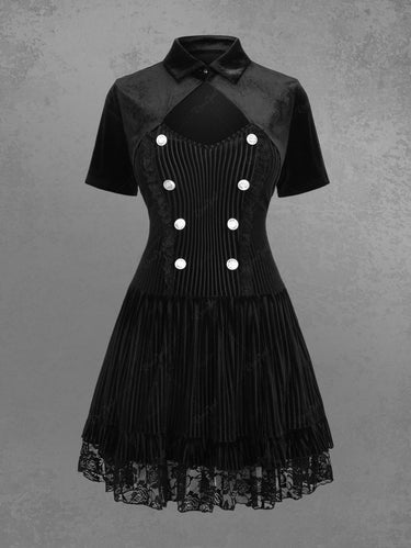 Gothic Plus Size Turn-down Collar Cut Out Mock Button Ribbed Rose Flower Lace Trim Layered A Line Velvet Dress