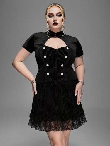 Gothic Plus Size Turn-down Collar Cut Out Mock Button Ribbed Rose Flower Lace Trim Layered A Line Velvet Dress Black / 2X | US 18-20 Gothic Plus Size Turn-down Collar Cut Out Mock Button Ribbed Rose Flower Lace Trim Layered A Line Velvet Dress Black / 2X | US 18-20