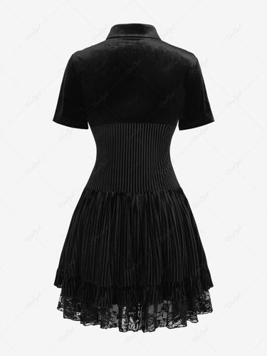 Gothic Plus Size Turn-down Collar Cut Out Mock Button Ribbed Rose Flower Lace Trim Layered A Line Velvet Dress
