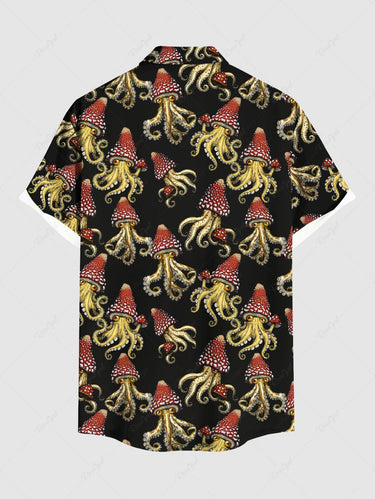 Gothic Plus Size Squid Octopus Mushroom Print Button Pocket Shirt For Men