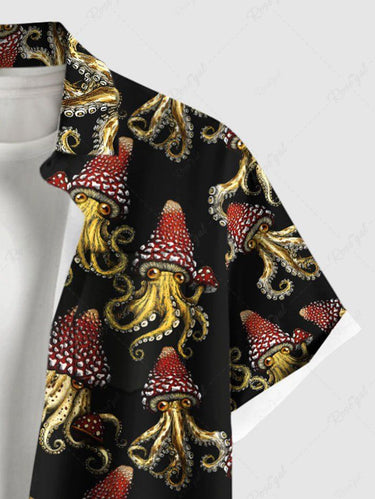 Gothic Plus Size Squid Octopus Mushroom Print Button Pocket Shirt For Men