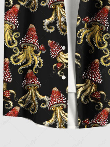 Gothic Plus Size Squid Octopus Mushroom Print Button Pocket Shirt For Men