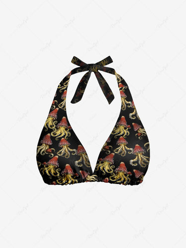 Gothic Squid Octopus Mushroom Print Plunging Halter Backless Bikini Set
