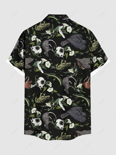Gothic Plus Size Skull Floral Frog Mouse Print Button Pocket Shirt For Men