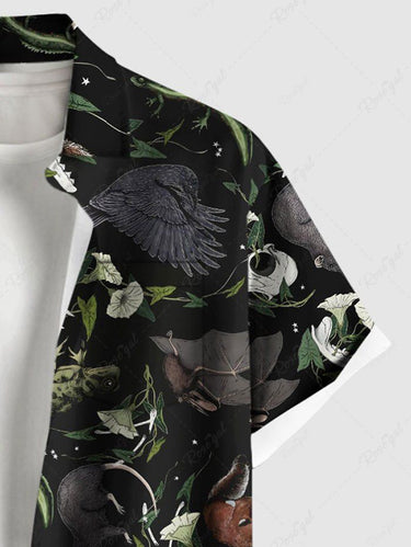 Gothic Plus Size Skull Floral Frog Mouse Print Button Pocket Shirt For Men