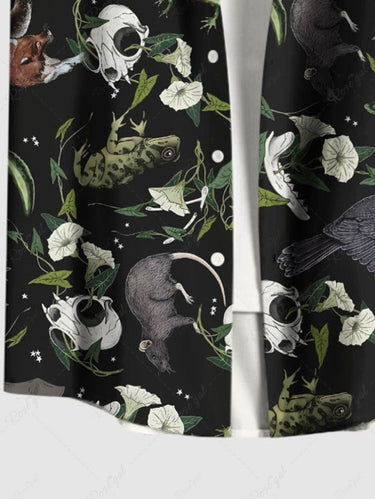 Gothic Plus Size Skull Floral Frog Mouse Print Button Pocket Shirt For Men