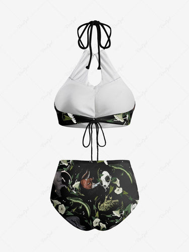 Gothic Skull Floral Frog Mouse Print Hollow Out Halter Backless Tankini Set