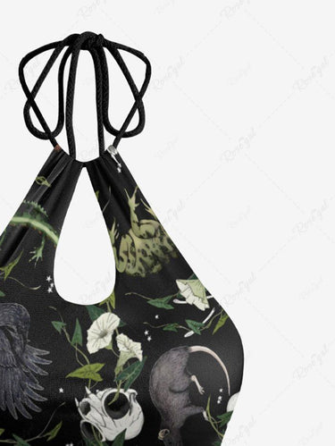 Gothic Skull Floral Frog Mouse Print Hollow Out Halter Backless Tankini Set