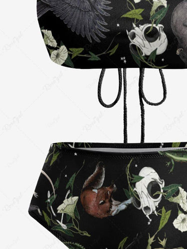 Gothic Skull Floral Frog Mouse Print Hollow Out Halter Backless Tankini Set