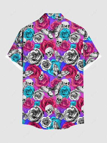 Gothic Plus Size Rose Flower Skull Butterfly Print Ombre Button Pocket Shirt For Men