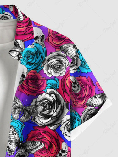 Gothic Plus Size Rose Flower Skull Butterfly Print Ombre Button Pocket Shirt For Men