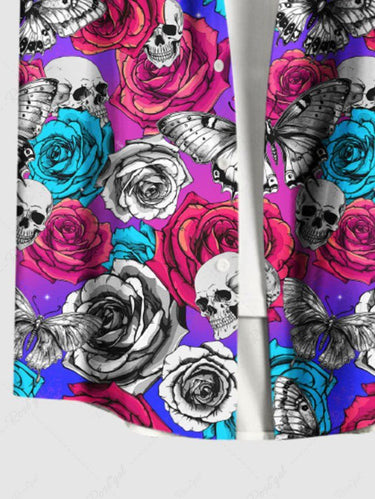 Gothic Plus Size Rose Flower Skull Butterfly Print Ombre Button Pocket Shirt For Men