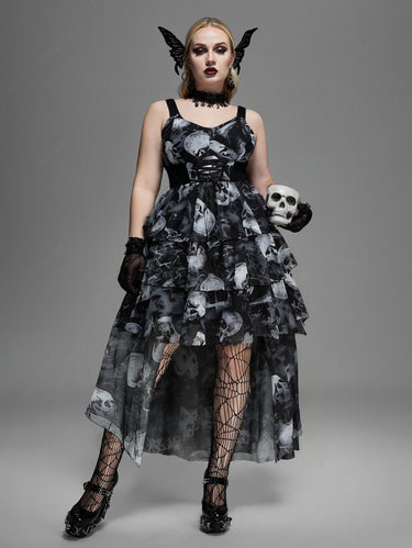 Gothic Plus Size Ombre Skull Smoke Print Mesh Lace Up Layered Asymmetric A Line Tank Dress