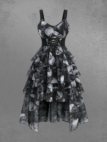 Gothic Plus Size Ombre Skull Smoke Print Mesh Lace Up Layered Asymmetric A Line Tank Dress