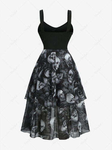 Gothic Plus Size Ombre Skull Smoke Print Mesh Lace Up Layered Asymmetric A Line Tank Dress