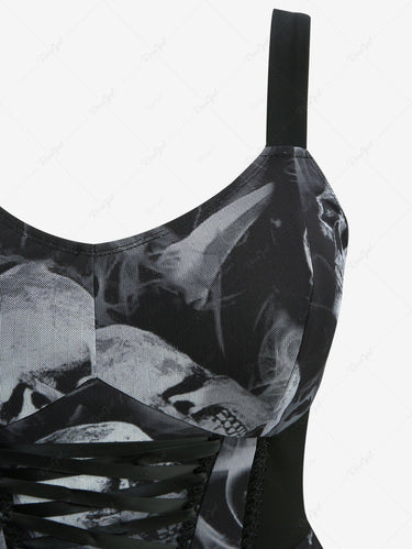 Gothic Plus Size Ombre Skull Smoke Print Mesh Lace Up Layered Asymmetric A Line Tank Dress