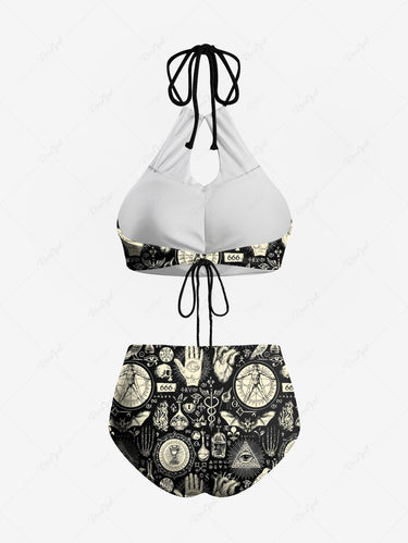 Gothic Skull Skeleton Hand Mysterious Magic Totem Print Hollow Out Halter Backless Tankini Swimsuit