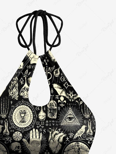 Gothic Skull Skeleton Hand Mysterious Magic Totem Print Hollow Out Halter Backless Tankini Swimsuit