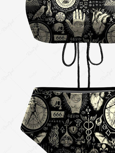 Gothic Skull Skeleton Hand Mysterious Magic Totem Print Hollow Out Halter Backless Tankini Swimsuit