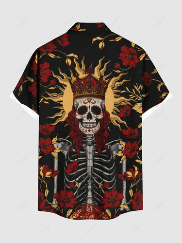 Gothic Plus Size Skull Skeleton Floral Sun Priest Print Button Pocket Shirt For Men