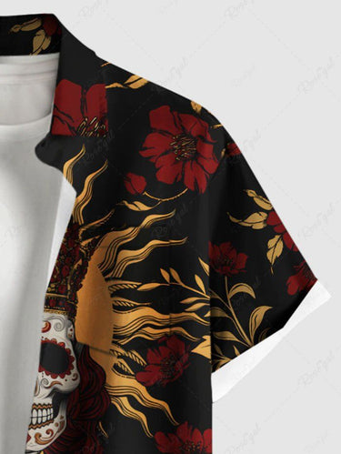 Gothic Plus Size Skull Skeleton Floral Sun Priest Print Button Pocket Shirt For Men