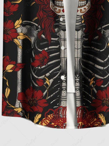 Gothic Plus Size Skull Skeleton Floral Sun Priest Print Button Pocket Shirt For Men
