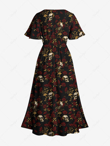 Gothic Plus Size Skull Floral Branch Print Split Pocket A Line Midi Dress